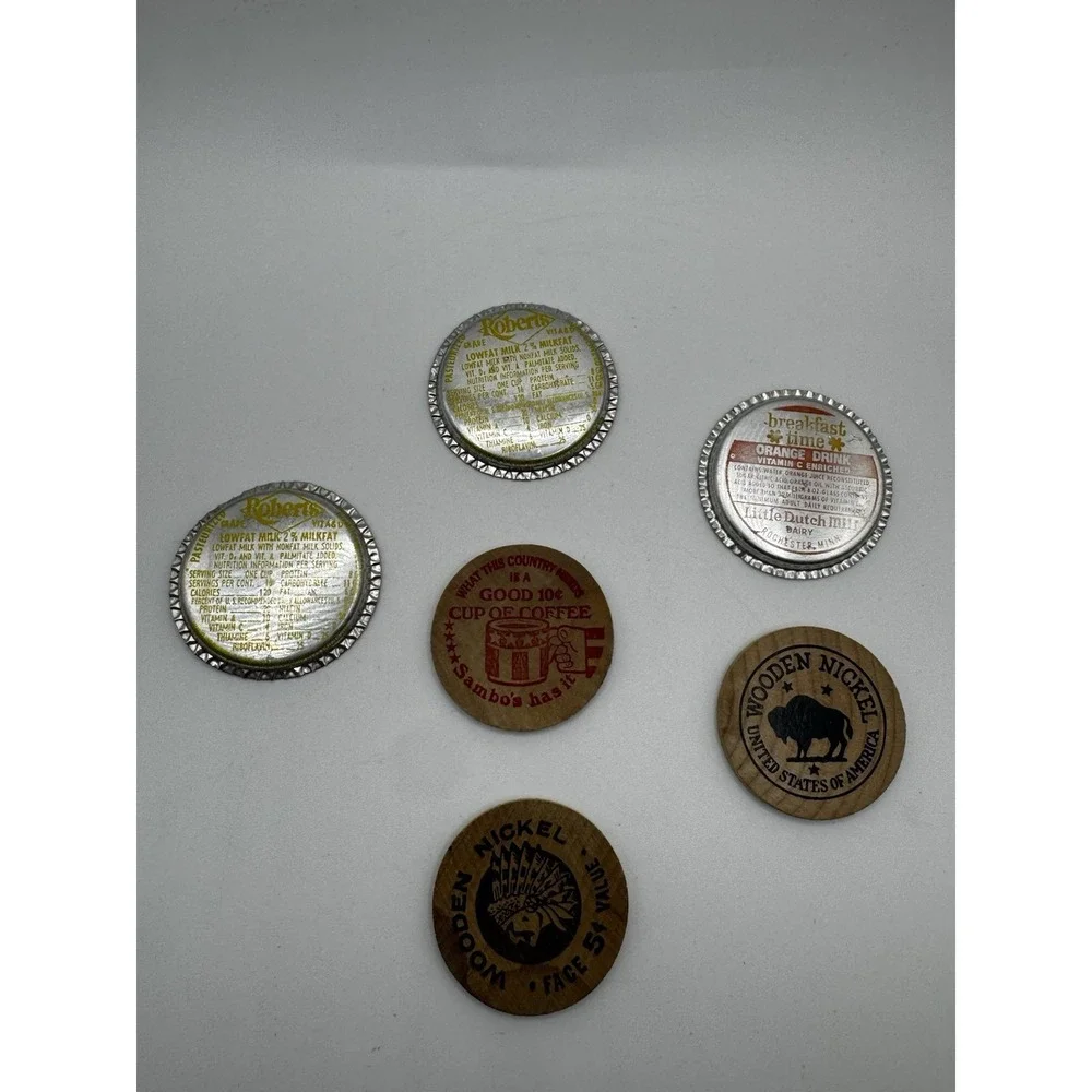Vintage Advertising Lot Roberts Milk Caps Sambos Coffee Token Wooden Nickels 6pc